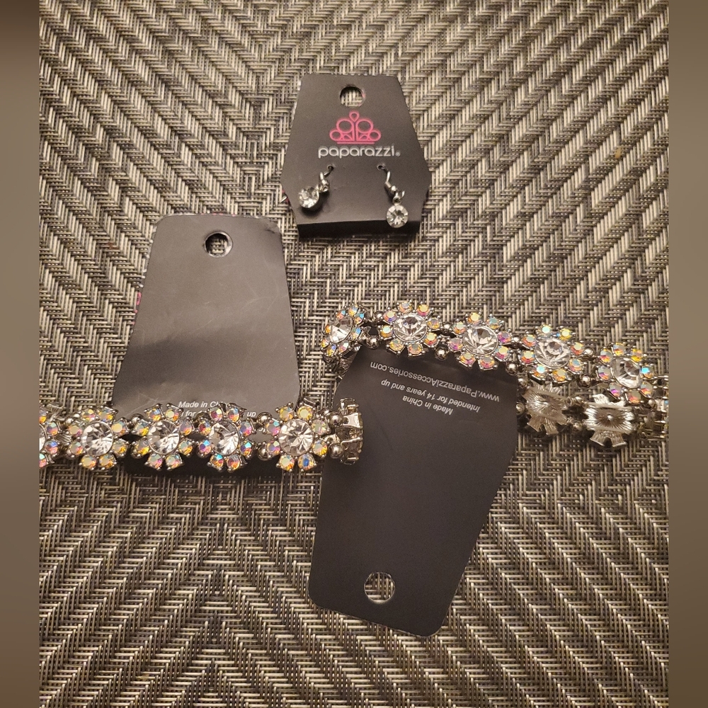 Paparazzi Silver and Fake Diamonds Jewelry Set 2 Bracelets And 1 Set Earrings